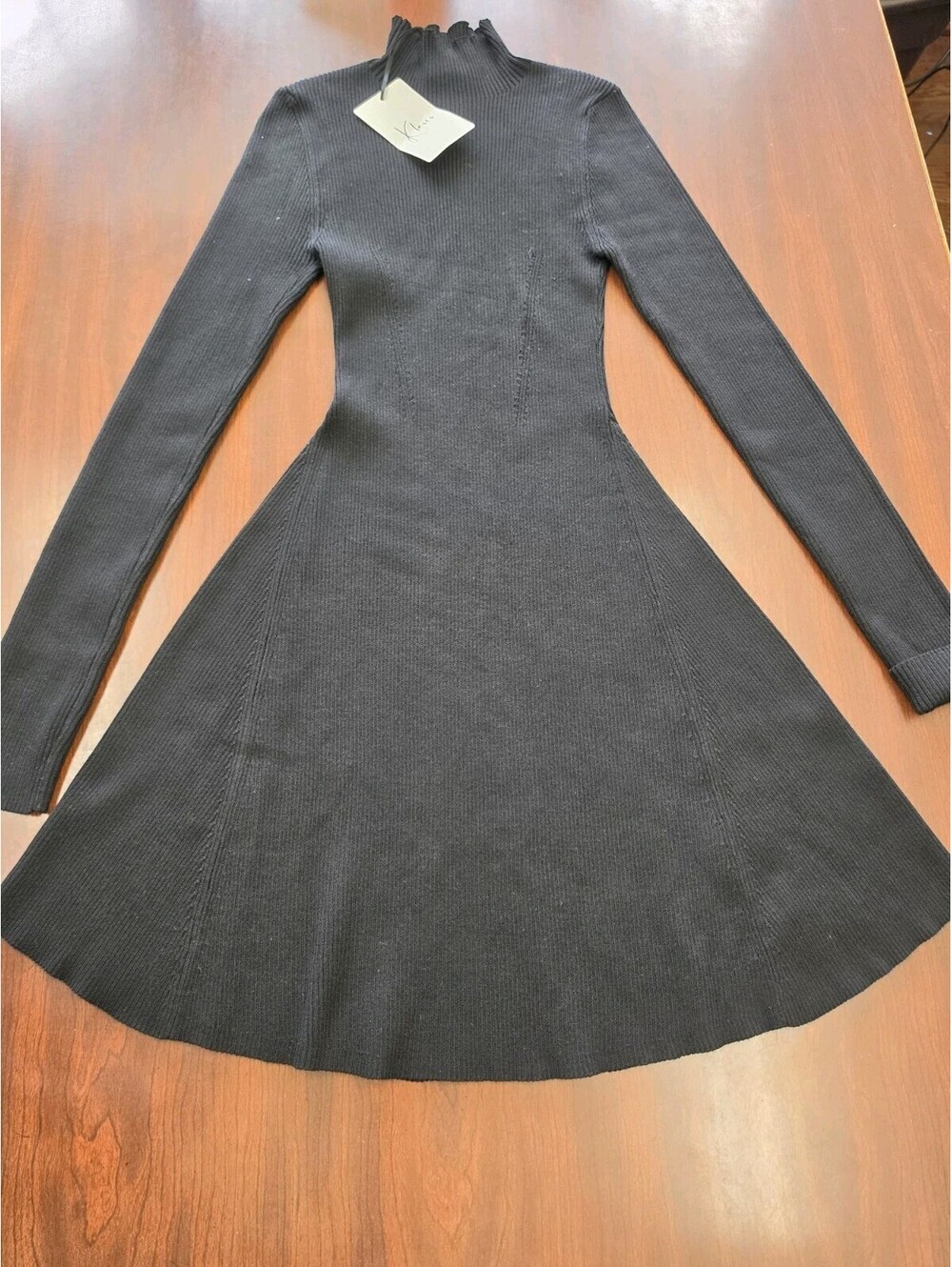 NWT Klesis Black Rib Knit Turtleneck Fit & Flare Sweater Dress Long Sleeve Large